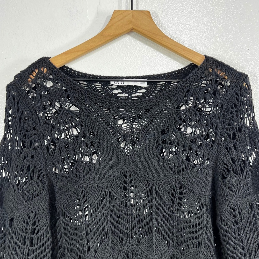 Zara Pointelle Openwork Lace Knit Sweater Black Womens Medium M Crochet Pullover - Picture 4 of 10